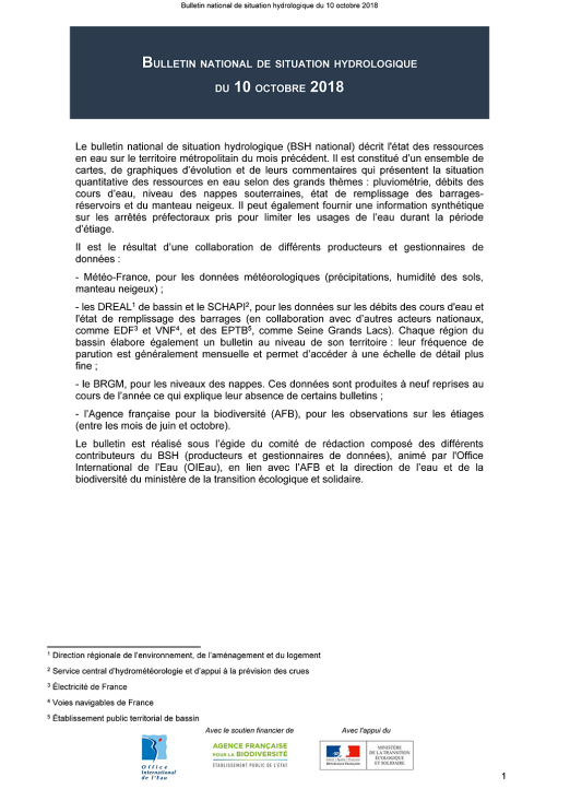 Bulletin de situation hydrologique d'octobre 2018
