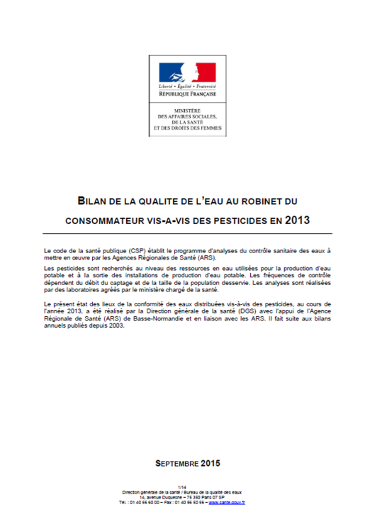 La qualité de l’eau potable vis-à-vis des pesticides (données 2012-2013)