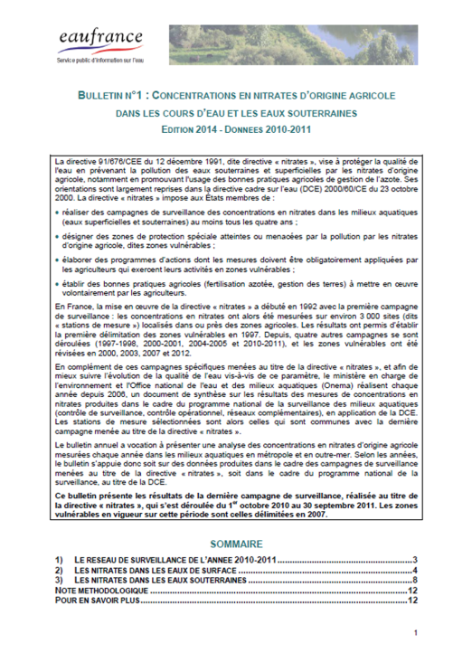 Concentrations en nitrates d’origine agricole dans les cours d’eau et les eaux souterraines (données 2010-2011)