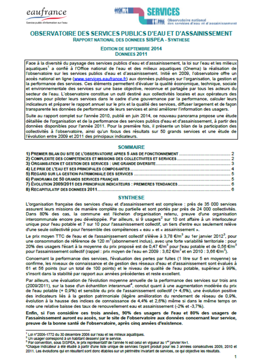 Vignette du bulletin sur les services public d'eau et d’assainissement (données 2011)