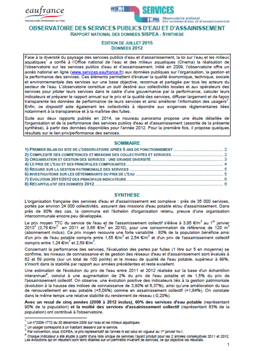 Vignette du bulletin sur les services public d'eau et d’assainissement (données 2012)