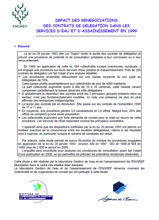 Impact des procédures de mise en concurrence dites "loi Sapin" sur les services (données 1999)