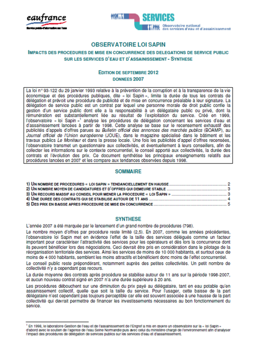 Impact des procédures de mise en concurrence dites "loi Sapin" sur les services (données 2007)