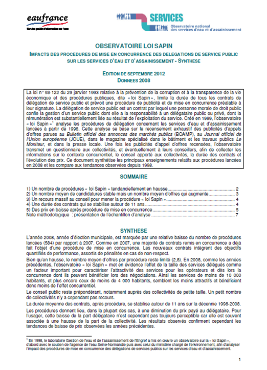 Impact des procédures de mise en concurrence dites "loi Sapin" sur les services (données 2008)