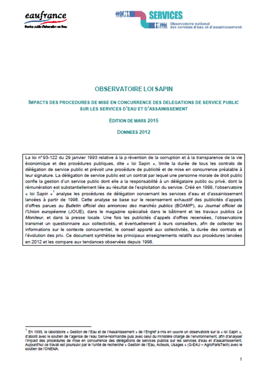 Impact des procédures de mise en concurrence dites "loi Sapin" sur les services (données 2012)