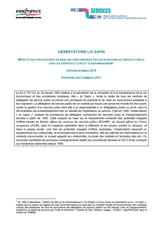 Impact des procédures de mise en concurrence dites "loi Sapin" sur les services (données 2013)