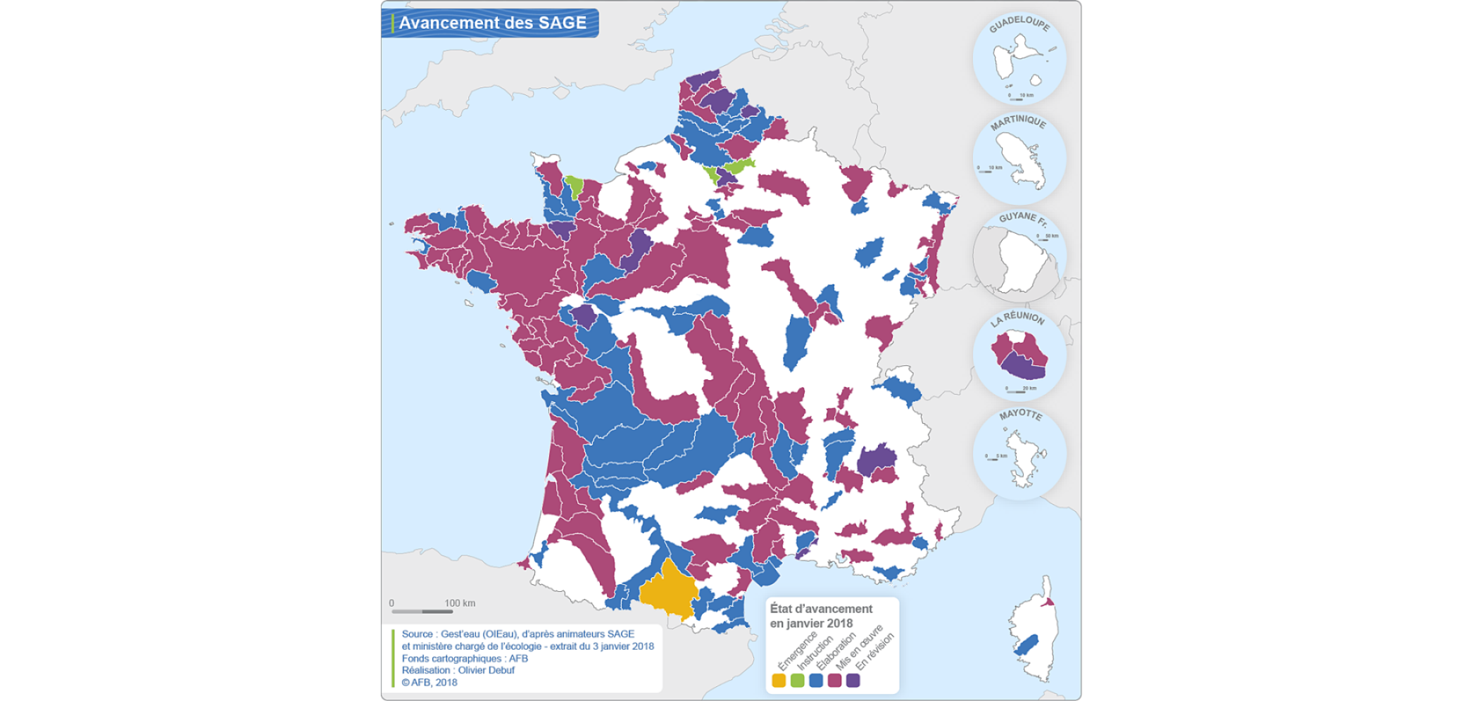 Carte d'avancement des SAGE en 2018